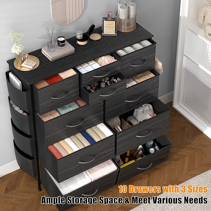 Lulive Dresser for Bedroom with 10 Drawers, Chest of Drawers, Fabric Storage Tower with Side Pockets and Hooks, Organizer Unit for Living Room, Hallway, Closet
