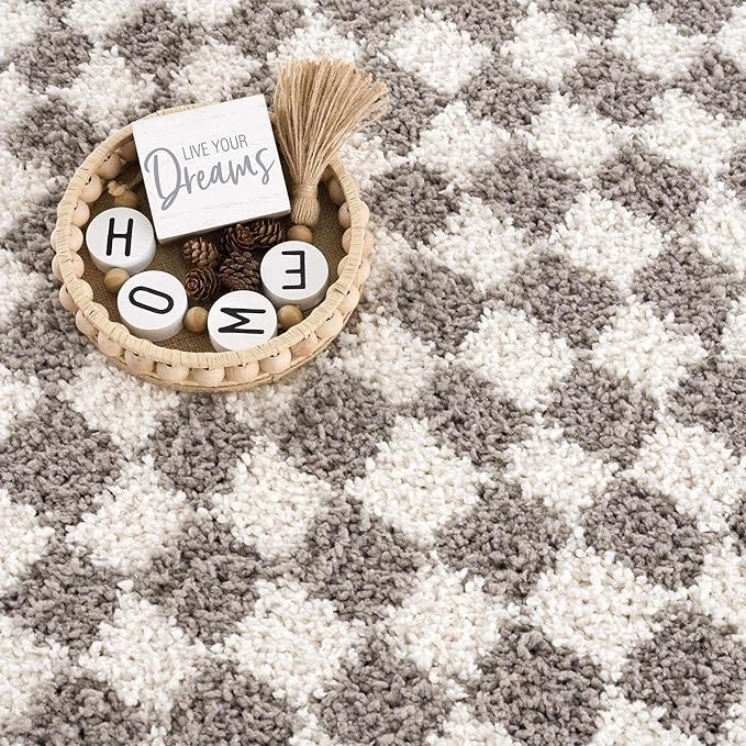 Hauteloom Kieu Contemporary Checkered Fluffy Shag Runner Rug - Modern Geometric Soft Carpet Tiles for Hallway, Kids Room, Nursery - Light Gray, Taupe, Gray - 2'7" x 7'3"