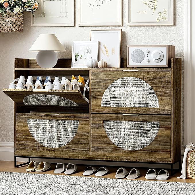 Large Shoe Cabinet Storage for Entryway Hidden Rattan Shoe Cabinet with 4 Flip Drawers Freestanding for Entryway,Hallway Rustic Oak Rattan