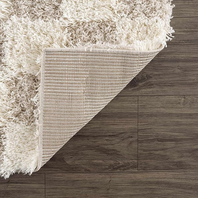 Hauteloom Atira Contemporary Checkered Fluffy Shag Runner Rug - Modern Geometric Carpet Tiles for Hallway, Kids Room - Plush Pile Carpet Squares - Cream,Light Beige - 2'7" x 10'