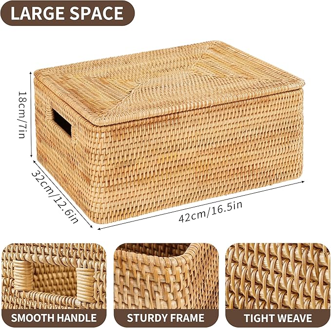 Rattan Basket With Lid,Large Storage Basket Lidded,Rattan Box For Shelf (16.5" L×12.6"W×7"H)