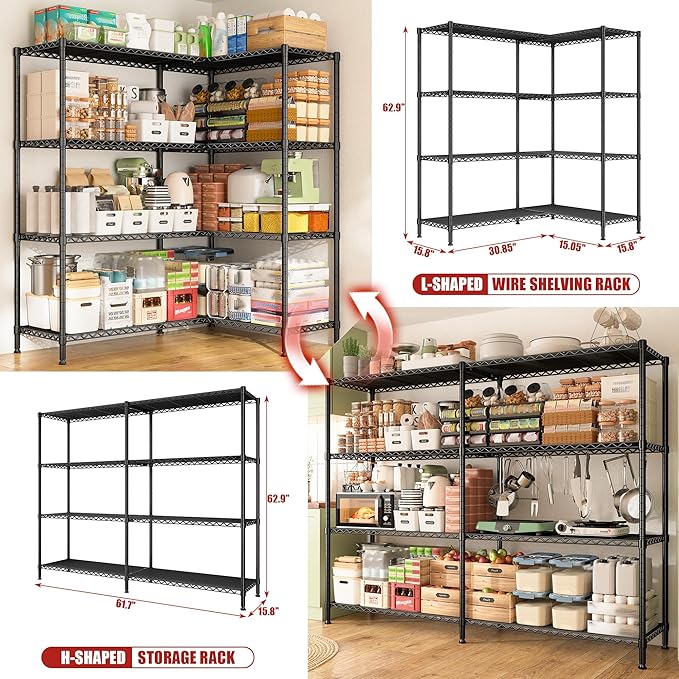 REIBII 61.7''W Storage Shelves Load 1220LBS Wire Shelving Unit 4 Tier Metal Shelving for Storage Rack Shelves Heavy Duty Garage Shelf Pantry Shelves Kitchen Shelving, 61.7" W*62.9" H*15.8" D, Black