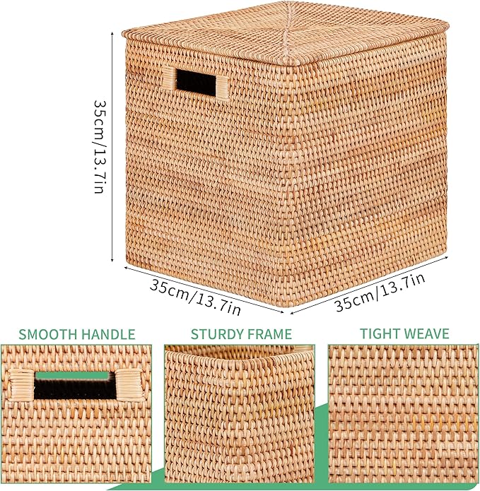 Rattan Basket With Lid, Large Lidded Basket For Storage(13.7" L×13.7"W×13.7"H)
