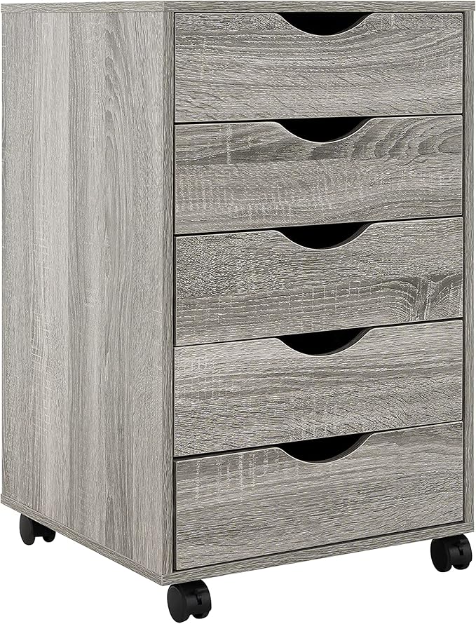 5-Drawer Rolling Storage Cart Organizer - Mobile Under Desk Dresser with Lockable Wheels, Grey Oak Engineered Wood for Home Office Dorm, Compact 15.7 x 15.7 x 26 Inches