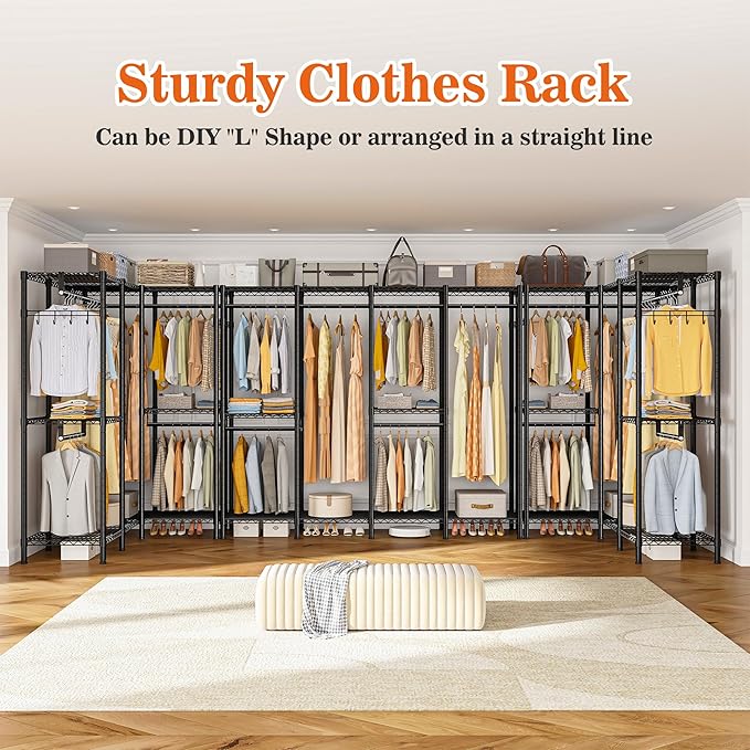 Raybee Clothes Rack Heavy Duty Clothing Racks for Hanging Clothes Loads 1100LBS, Garment Rack Freestanding for Bedroom, 75" H x 75" W x 15.7" D, Black