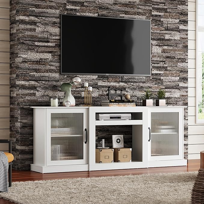 WLIVE Farmhouse TV Stand for 75 inch TV, Entertainment Center with Storage Cabinets, Mid Century Modern TV Console for Living Room, Bedroom, White