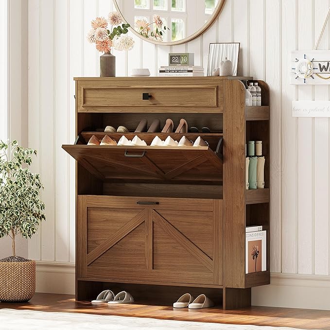 IRONCK Shoe Storage Cabinet with 2 Flip Drawers & Barn Door Design, Freestanding Shoe Cabinet Organizer with Drawer and Shelves for Entryway, Farmhouse Shoe Rack Cabinet,Dark Walnut
