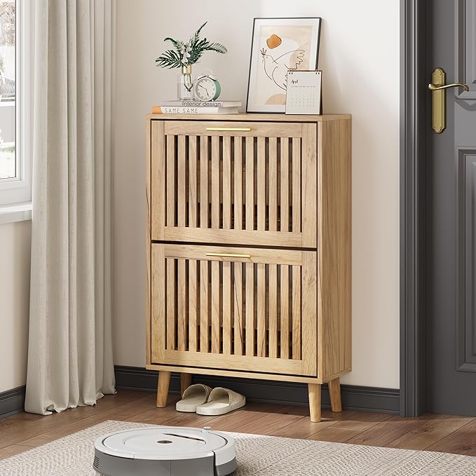 Shoe Storage Cabinet with Louvered 2 Flip Drawers, Narrow Shoe Cabinet Storage for Entryway, Freestanding Shoe Organizer Cabinet with Golden Handles, Slim Shoe Rack Cabinet 23.5in (Natural Wood)