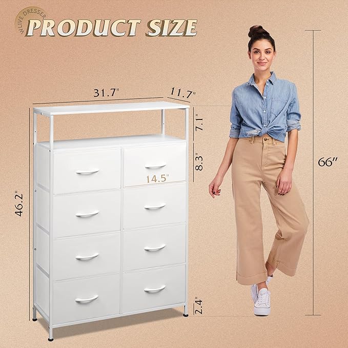 WLIVE Tall Fabric Storage Dresser - 8 Drawer Chest Tower for Bedroom, Closet, Living Room and Hallway, White