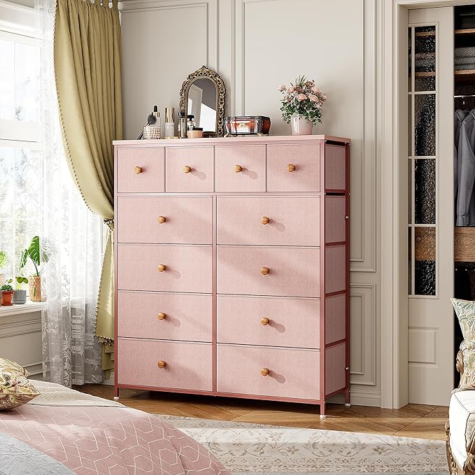 Dressers for Bedroom with 12 Drawers, Fabric Dressers & Chests of Drawers, Sturdy Metal Frame, Wood Top, Entryway, Bedroom Furniture (Pink)