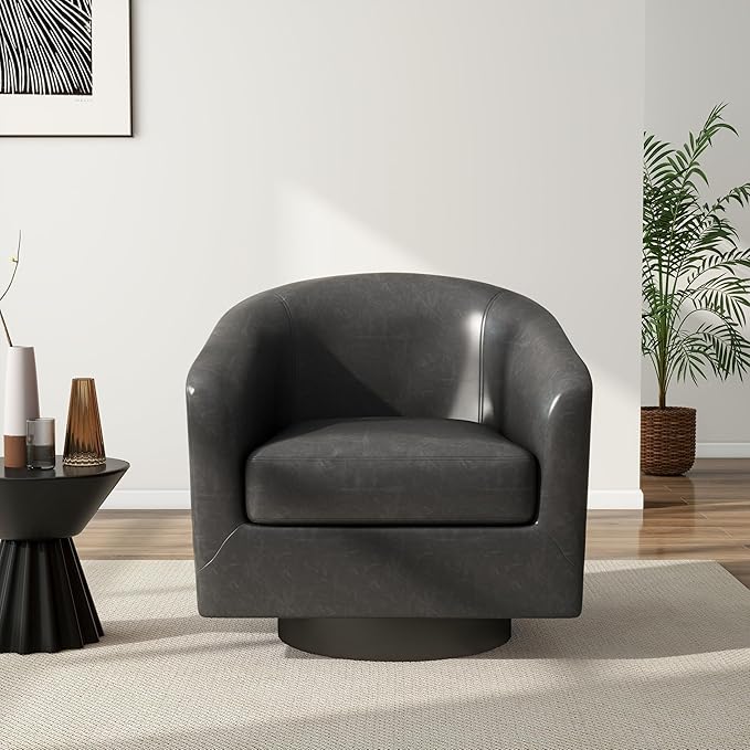 Swivel Barrel Chair, Modern Round PU Leather Accent Armchair for Living Room, Bedroom, Oversized Comfy Club Reading Chairs for Adults (Leather Black Grey, Set of 2)