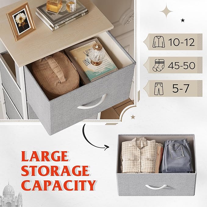 WLIVE Fabric Dresser, 5-Drawer Tall Dresser for Bedroom, Storage Dresser Organizer with Fabric Bins, Wood Top, Sturdy Steel Frame, Chest of Drawers for Closet, Hallway, Light Grey