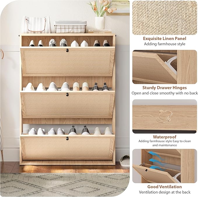 Shoe Storage Cabinet with 3 Flip Drawers, Narrow Wood Shoes Cabinet with Linen Doors Drawer, Freestanding Shoe Organizer Slim Shoe Cabinet Storage Shoe Rack for Entryway Hallway (Natural)