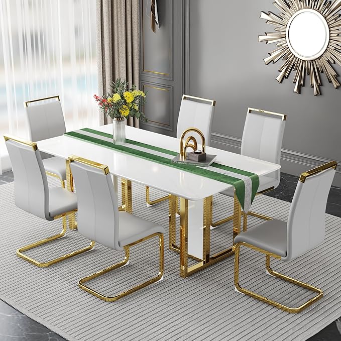 67-inch Modern Dining Table Set for 6 with 1.8 Inch Faux Marble Table Top & 6 PU Leather Chairs, White Luxury Kitchen and Dining Room Furniture Set