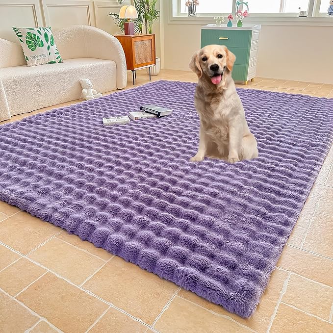 Purple Rabbit Plush Area Rug for Bedroom Living Room Sofa,3'X5' Faux Fur Fluffy Shaggy Rectangular Square Rug for Kids Teen Girls Room,Furry Carpet Rug for Nursery Baby Room Decor for Teenage