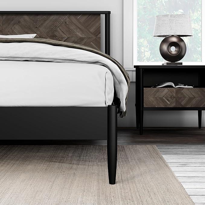 Lenia King Bed Frame with 2 Matching Nightstands – Modern Wood Platform Bed Set, Chevron Diamond Design, No Box Spring Needed, Slatted Support, Mocha Finish (Mocha Black, King)