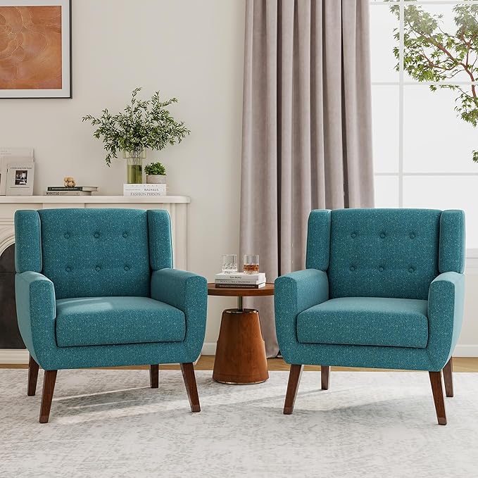 Accent Chairs Set of 2, Modern Fabric Armchairs for Living Room, Comfy Upholstered Arm Chairs Tufted for Indoor Bedroom Office Room (Light Blue)