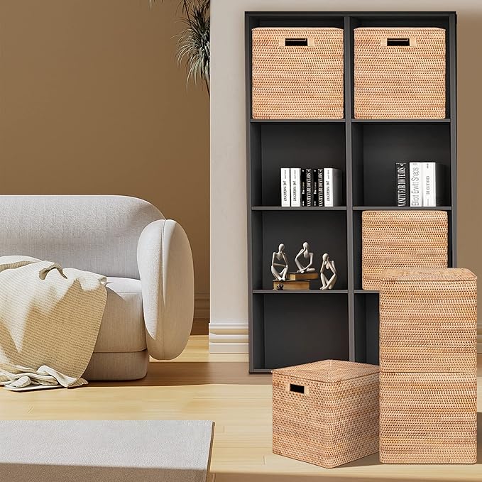 Rattan Basket With Lid, Large Lidded Basket For Storage(13.7" L×13.7"W×13.7"H)