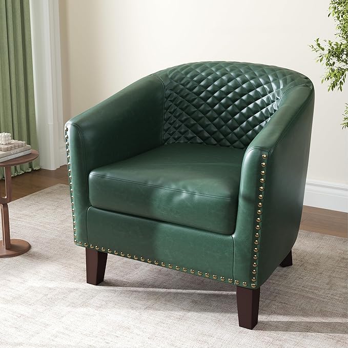 Accent Barrel Chair, Upholstered Faux Leather Club Chair with Nailed Trim, Comfy Reading Armchair for Living Room Bedroom Reception Room Office (Dark Green, Set of 1)