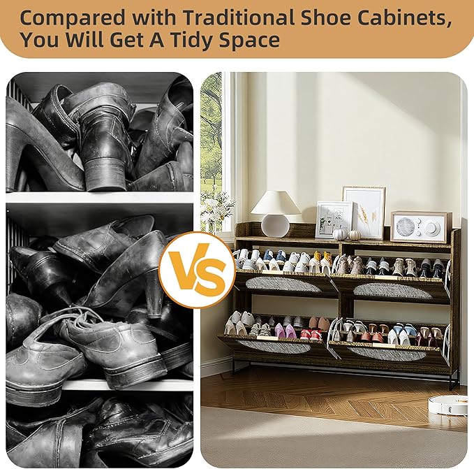 Large Shoe Cabinet Storage for Entryway Hidden Rattan Shoe Cabinet with 4 Flip Drawers Freestanding for Entryway,Hallway Rustic Oak Rattan