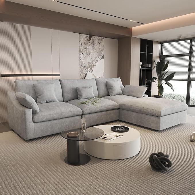 120" Cloud Couch Sectional for Living Room, L Shape Down Filled Modular Sectional Sofa Couch,Convertible Couched with Ottoman, Sofa Covers Washable&Replaceable,Gray
