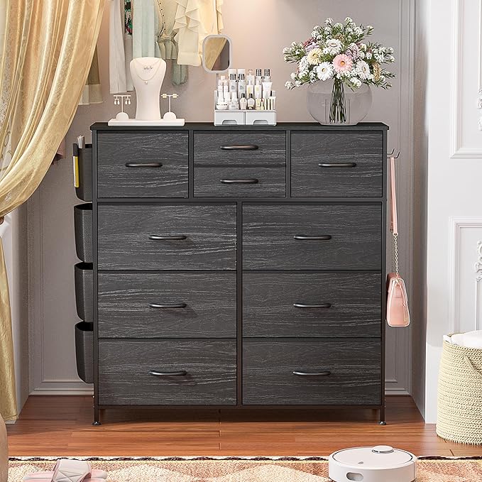 Lulive Dresser for Bedroom with 10 Drawers, Chest of Drawers, Fabric Storage Tower with Side Pockets and Hooks, Organizer Unit for Living Room, Hallway, Closet