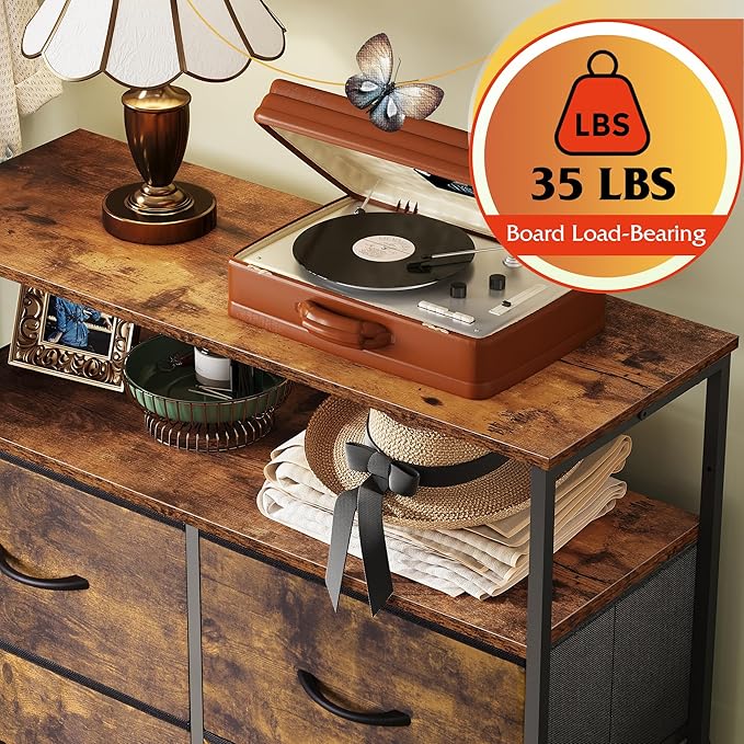 WLIVE Fabric Dresser for Bedroom with Open Shelves, Tall Dresser with 8 Drawers, Storage Tower with Fabric Bins, Chest of Drawers for Closet, Hallway, Rustic Brown Wood Grain Print