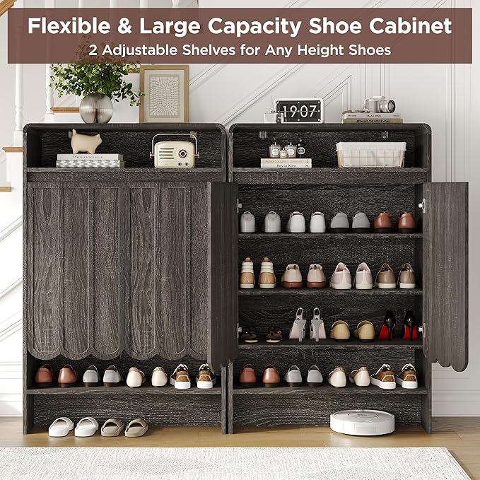 Vabches Shoe Storage Cabinet with Wave Panel Doors, 5-Tier Shoe Cabinet with Adjustable Shelves, 45'' Tall Freestanding Narrow Shoe Organizer for Entryway, Front Door, Hallway, Wood Legs, Gray