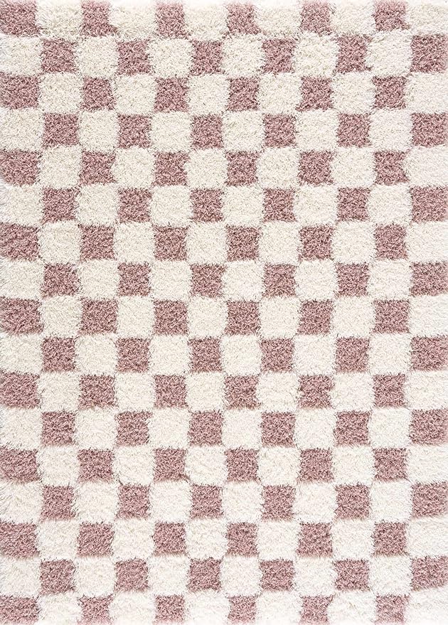 Hauteloom Atira Checkered Shag Runner Rug - Checkboard Design - High Pile Fluffy Shaggy Touch - Square Tiles - Kids Room, Hallway, Bedroom Shaggy Carpet - Pink, Cream, White - 2'7" x 7'3"