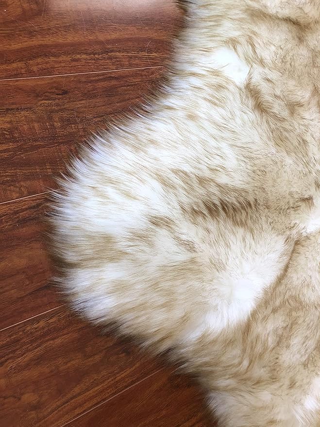Free Shape Luxury Soft Fluffy Shag Area Rug Double Side by Side 3'x4', 90x120cm - Vegan Fur Ultra Soft Indoor Carpet Nursery Rugs for Bedroom Home Decor, White with Brown Tips