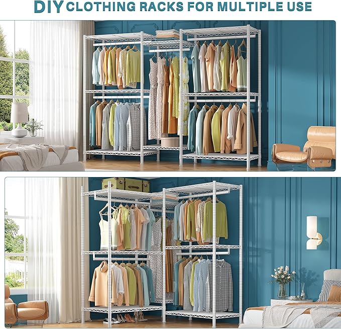 Raybee Clothing Rack for Hanging Clothes Heavy Duty Clothes Rack with Shelves,Portable,Adjustable,Metal,Max Load 900lbs,White
