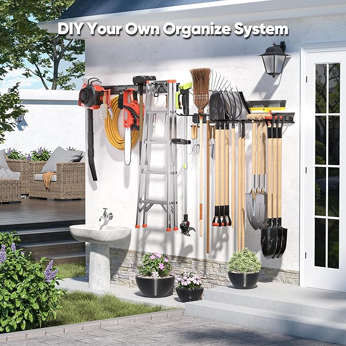 Garden Tool Organizer Wall Mount, 96 inches Tool Storage Rack with Adjustable Hooks, 600lbs Adjustable Heavy Duty Metal Hooks, Yard Shed Rack Holder System Hanging Rake Broom Mop Snowboard, Men Gift