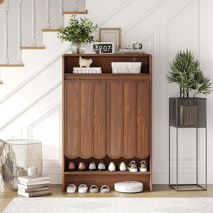 Vabches Shoe Storage Cabinet with Wave Panel Doors, 5-Tier Shoe Cabinet with Adjustable Shelves, 45'' Tall Freestanding Narrow Shoe Organizer for Entryway, Front Door, Hallway, Wood Legs, Brown