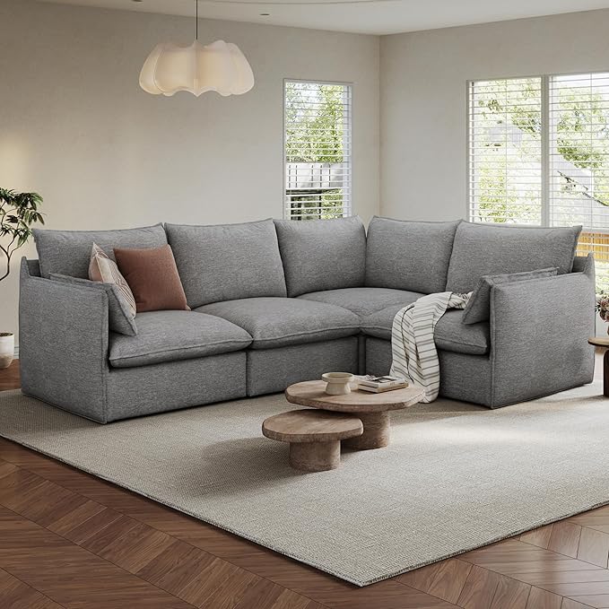 Cloud Sectional Couches for Living Room, Convertible Cloud Sofa Spill & Stain-Resistant with Removable Washable Cover & Down Feather Filled Cushions, 4 Seater V-Shaped Modular Sectional Sofa
