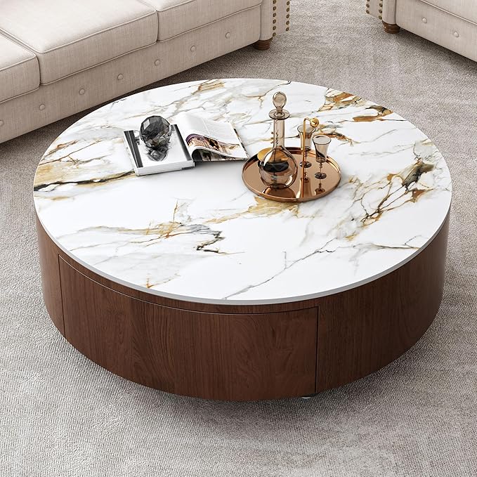 SSLine Modern Round Drum Coffee Table Luxury Sintered Stone Top Coffee Table with Storage Drawers,Walnut Wood Frame and Brushed Stainless Steel Legs,Marble Grain Center Table for Living Room