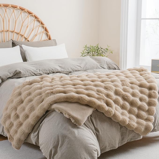 BENVWE Faux Fur Throw Blanket for Couch - Cozy Fuzzy Soft Plush Fluffy Thick Luxury Minky Bubble Blanket for Living Room Home Decor- Mothers Day Birthday Gifts for Women, Beige, 51" x 63"