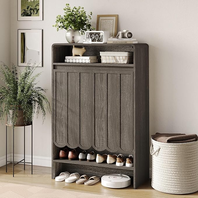 Vabches Shoe Storage Cabinet with Wave Panel Doors, 5-Tier Shoe Cabinet with Adjustable Shelves, 45'' Tall Freestanding Narrow Shoe Organizer for Entryway, Front Door, Hallway, Wood Legs, Gray