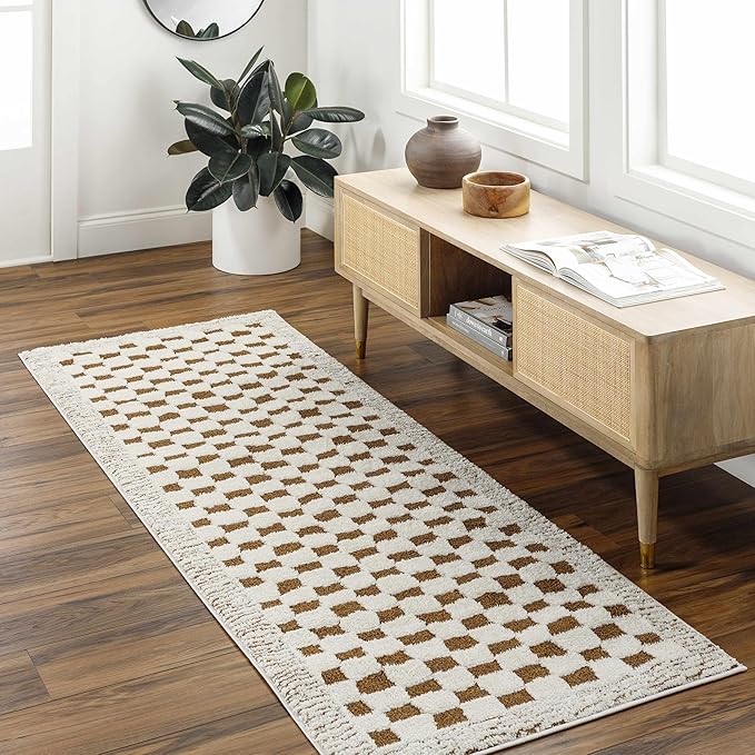 Hauteloom Leryn Hallway, Kitchen Runner Rug - Checkered - High Pile - Bone - 2'8" x 7'3"