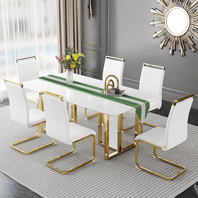 67-inch Modern Dining Table Set for 6 with 1.8 Inch Faux Marble Table Top & 6 PU Leather Chairs, White Luxury Kitchen and Dining Room Furniture Set