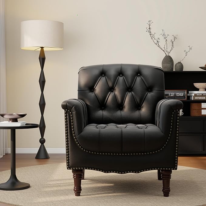 UIXE Black Accent Chair for Living Room, Faux Leather Tufted Arm Chair Retro Upholstered Club Armchair for Bedroom
