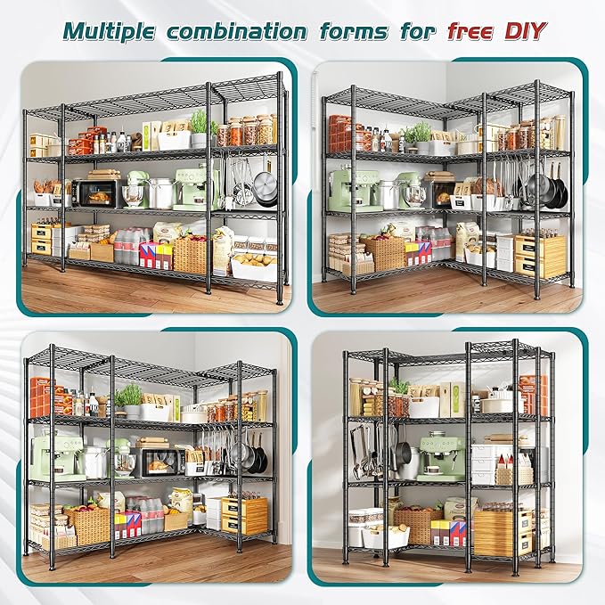 REIBII 78.4''W Storage Shelves, 4 Tier Wire Shelving Unit Loads 1500LBS with Adjustable 2PCS Heavy Duty Metal Shelving for Pantry, Kitchen,Garage Shelves.78.4''Wx11.8''Dx59''H,Black