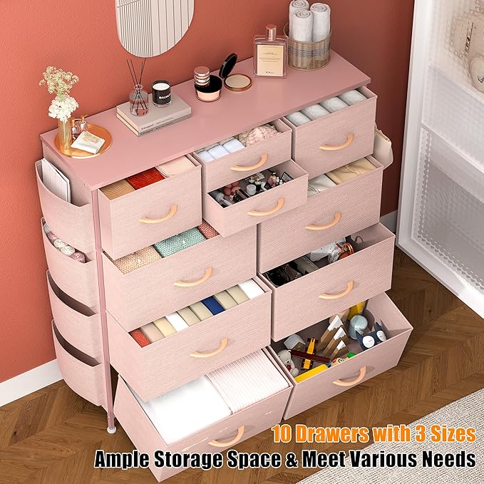 Lulive 10 Drawers Pink Dresser for Bedroom - Chest of Drawers with Side Pockets and Hooks, PU Storage Dresser, Organizer Unit for Living Room, Hallway, Closet (Pink)