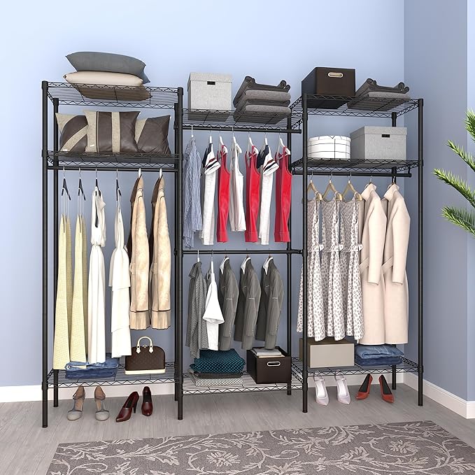 Heavy Duty Clothes Rack,Freestanding Clothing Shelf,Metal Garment Rack,Adjustable Custom Closet Shelf, 75" L x 13.8" W x 75.2" H, Max Load 800LBS, Large(Black)