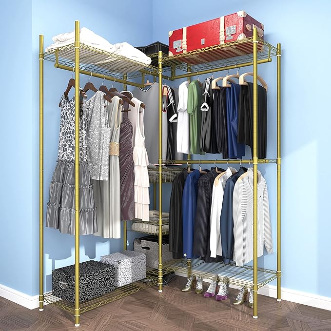 Xiofio 6 Tiers Heavy Duty Clothes Rack, Metal Clothing Rack,Clothing Storage Organizer,Garment Rack with Basket,Hanging Adjustable Garment Rack,65.0" L x 15.7" W x 76.0" H,Max Load 800LBS,Gold