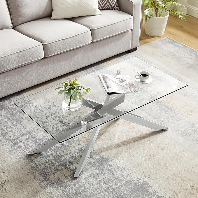Rectangle Modern Coffee Table, Tempered Glass Top and Metal Tubular Leg, 47.3”Lx23.6”Wx18.1”H, Silver