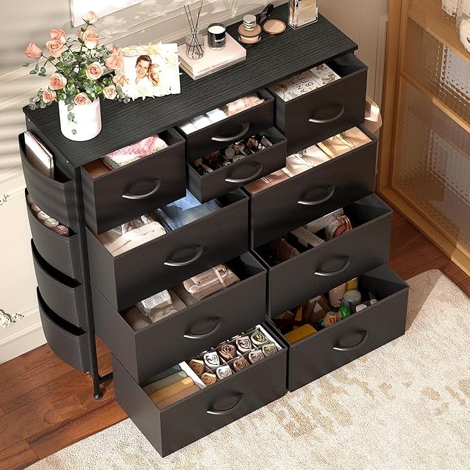 Lulive Dresser for Bedroom with 10 Drawers, Chest of Drawers with Side Pockets and Hooks, PU Storage Dresser, Organizer Unit for Living Room, Hallway, Closet (Black)
