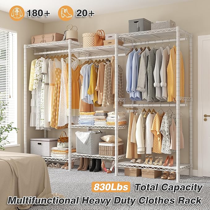 Raybee Heavy Duty Clothes Rack Load 900Lbs, Clothing Rack for Hanging Clothes for Bedroom 77" H x 69'' W x 16'' D,White