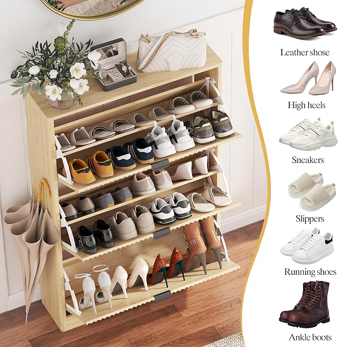 Shoe Cabinet Storage for Entryway with 3 Flip Drawers, Oak Fluted Shoe Cabinet with Adjustable Shelves, Wooden Hidden Shoe Rack Freestanding Narrow Slim Shoes Storage for Hallway, Entrance