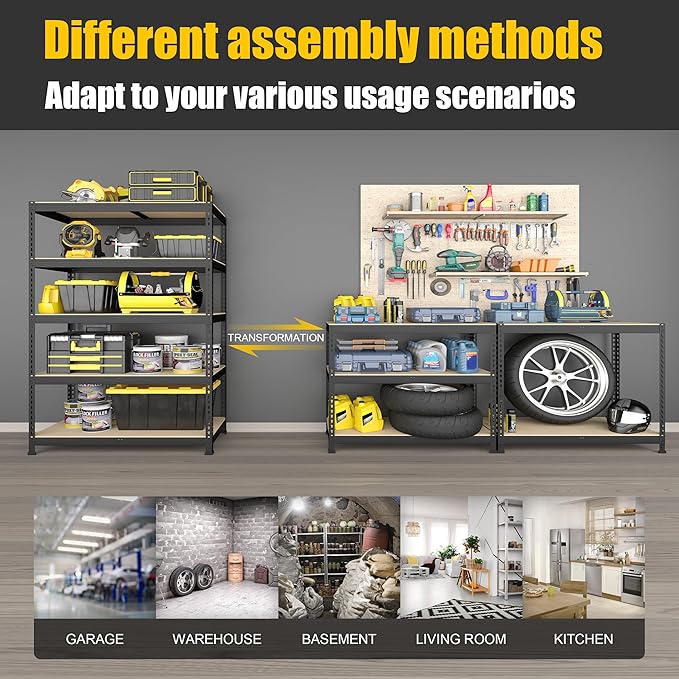 PrimeZone 40" W x 18" D x 71" H Heavy Duty Storage Shelves, 5 Tier Adjustable Garage Storage Shelving, Metal Shelving Unit Utility Rack Shelf for Warehouse Pantry Closet Kitchen, Black, 3 Pack