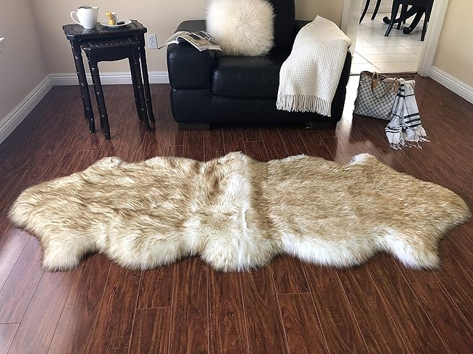 Free Shape Luxury Soft Fluffy Shag Area Rug Double 2'x6', 60x180cm - Vegan Fur Ultra Soft Indoor Carpet Nursery Rugs for Bedroom Home Decor, White with Brown Tips